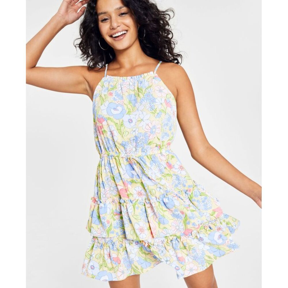 Bar III Womens Printed Tie Waist Mini Dress